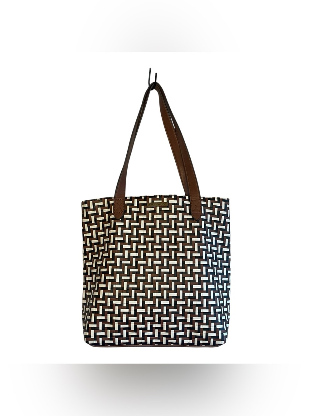 Frye & Co Purse Large Shopper Tote Bag Brown Black White Woven Travel Vacation